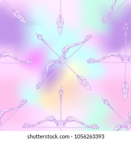 Seamless pattern, background with ethnic patterned ornate hand drawn bows and arrows in light ultra violet pastel colors on mesh pink, blue background 