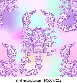 Seamless pattern, background with ethnic patterned ornate hand drawn Cancer. On soft pastel vanilla ultra violet background. 