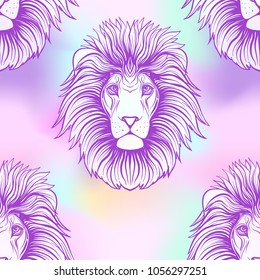 Seamless pattern, background with ethnic patterned ornate hand drawn head of leo, lion . On soft pastel vanilla ultra violet background. 