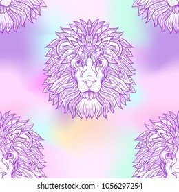 Seamless pattern, background with ethnic patterned ornate hand drawn head of leo, lion . On soft pastel vanilla ultra violet background. 