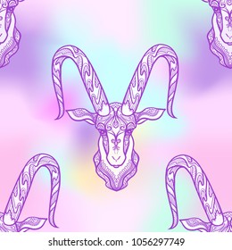 Seamless pattern, background with ethnic patterned ornate hand drawn head of Capricorn, goat. On soft pastel vanilla ultra violet background. 