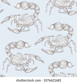 Seamless pattern, background with ethnic patterned ornate hand drawn Scorpio.  On blue vintage  background. 