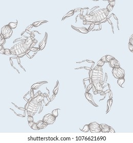 Seamless pattern, background with ethnic patterned ornate hand drawn Scorpio.  On blue vintage  background. 