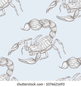 Seamless pattern, background with ethnic patterned ornate hand drawn Scorpio.  On blue vintage  background. 