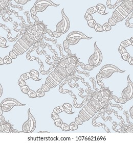 Seamless pattern, background with ethnic patterned ornate hand drawn Scorpio.  On blue vintage  background. 