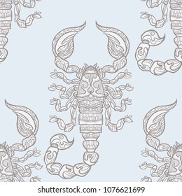 Seamless pattern, background with ethnic patterned ornate hand drawn Scorpio.  On blue vintage  background. 