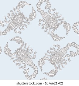 Seamless pattern, background with ethnic patterned ornate hand drawn Scorpio.  On blue vintage  background. 