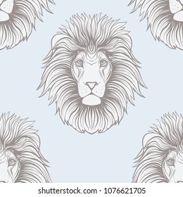 Seamless pattern, background with ethnic patterned ornate hand drawn head of leo, lion.  On blue vintage  background. 