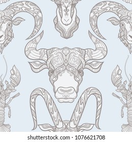 Seamless pattern, background with ethnic patterned ornate hand drawn head of goat, bull, ox, cancer, sheep, ram. On blue vintage  background. 