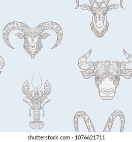 Seamless pattern, background with ethnic patterned ornate hand drawn head of goat, bull, ox, cancer, sheep, ram. On blue vintage  background. 