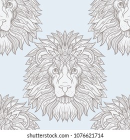 Seamless pattern, background with ethnic patterned ornate hand drawn head of leo, lion.  On blue vintage  background. 