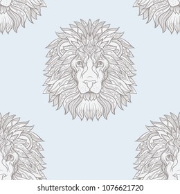 Seamless pattern, background with ethnic patterned ornate hand drawn head of leo, lion.  On blue vintage  background. 