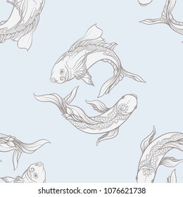 Seamless pattern, background with ethnic patterned ornate hand drawn fish.  On blue vintage  background. 