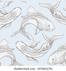 Seamless pattern, background with ethnic patterned ornate hand drawn fish.  On blue vintage  background. 