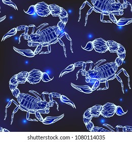 Seamless pattern, background with ethnic patterned ornate hand drawn Scorpio .  On dark blue spase background with stars. 