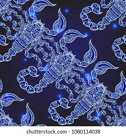 Seamless pattern, background with ethnic patterned ornate hand drawn Scorpio .  On dark blue spase background with stars. 