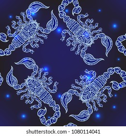 Seamless pattern, background with ethnic patterned ornate hand drawn Scorpio .  On dark blue spase background with stars. 