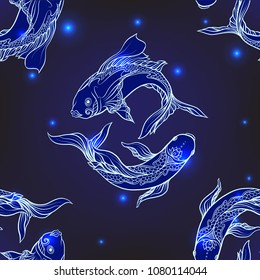 Seamless pattern, background with ethnic patterned ornate hand drawn fish .  On dark blue spase background with stars. 