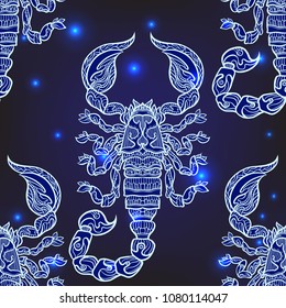 Seamless pattern, background with ethnic patterned ornate hand drawn Scorpio .  On dark blue spase background with stars. 