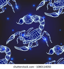 Seamless pattern, background with ethnic patterned ornate hand drawn Scorpio .  On dark blue spase background with stars. 