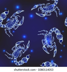 Seamless pattern, background with ethnic patterned ornate hand drawn Scorpio .  On dark blue spase background with stars. 