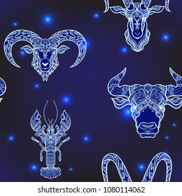 Seamless pattern, background with ethnic patterned ornate hand drawn head of goat, bull, ox, cancer, sheep, ram .  On dark blue spase background with stars. 