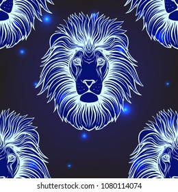 Seamless pattern, background with ethnic patterned ornate hand drawn head of leo, lion.  On dark blue spase background with stars. 