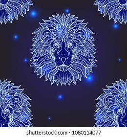 Seamless pattern, background with ethnic patterned ornate hand drawn head of leo, lion.  On dark blue spase background with stars. 