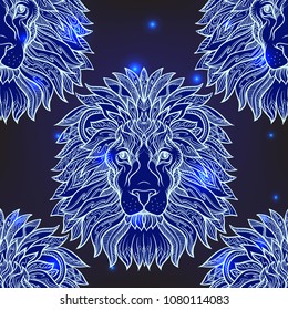 Seamless pattern, background with ethnic patterned ornate hand drawn head of leo, lion.  On dark blue spase background with stars. 