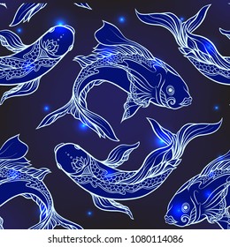 Seamless pattern, background with ethnic patterned ornate hand drawn fish .  On dark blue spase background with stars. 