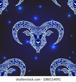 Seamless pattern, background with ethnic patterned ornate hand drawn head of Aries, sheep, ram .  On dark blue spase background with stars. 