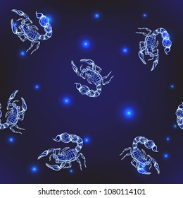 Seamless pattern, background with ethnic patterned ornate hand drawn Scorpio .  On dark blue spase background with stars. 