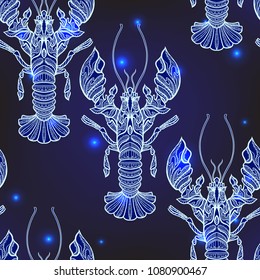 Seamless pattern, background with ethnic patterned ornate hand drawn Cancer .  On dark blue spase background with stars. 