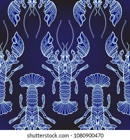 Seamless pattern, background with ethnic patterned ornate hand drawn Cancer .  On dark blue spase background with stars. 