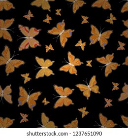 Seamless pattern. Background for fabric, textile, print and invitation. Vector illustration. Beautiful color butterflies on a orange, black and white colors.