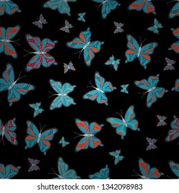 Seamless pattern. Background for fabric, textile, print and invitation. Beautiful color butterflies on a blue, gray and black colors. Vector illustration.