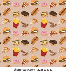 Seamless pattern background of fast food set on soft brown background