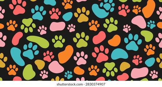Seamless Pattern Background Featuring Colorful Animal Paw Prints and Playful Paw Pad Shapes for Veterinary or Pet Theme Designs