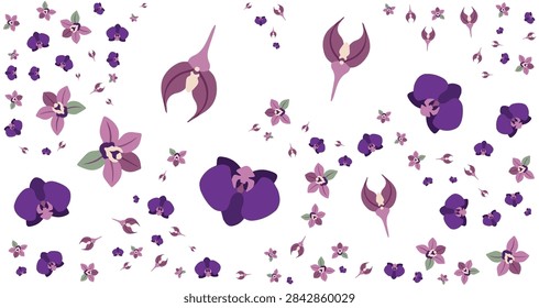 seamless pattern background featuring colorful purple orchid flowers and botanical elements illustrated for vector design projects
