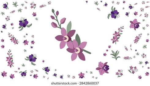 seamless pattern background featuring purple orchid flower branches and natural botanical elements in vibrant colors for graphic design and creative projects
