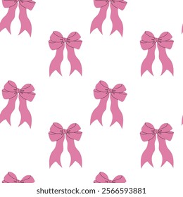 Seamless pattern background featuring ribbons and bows in a coquette, girlish style. Perfect for prints, greeting cards, banners, web design, wrapping paper, fashion textiles, wallpapers, and covers.