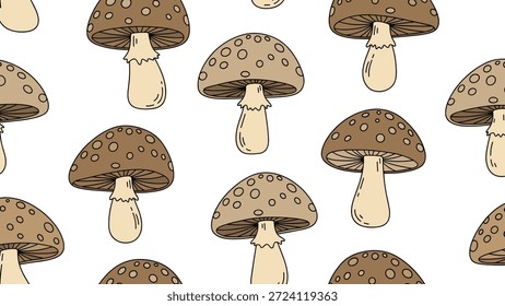 Fondo de patrón sin fisuras con varios champiñones marrones dibujados a mano con subgrupos claros y gorras manchadas sobre un fondo blanco limpio.