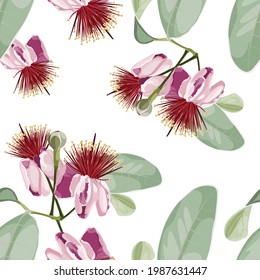 Seamless pattern background with  feijoa blooming flowers with leaves on white background.