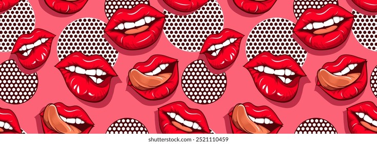 Seamless Pattern Background of Female Mouths, Pop Art Hand Drawn Cartoon Comic Style, Ideal for Clothing, Pants, and Fashion Apparel Prints with Vibrant and Abstract Lip Designs.