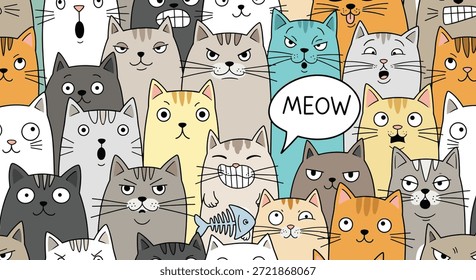 Fondo de patrón sin fisuras lleno de una multitud diversa de lindos y divertidos gatos de dibujos animados con muchas razas diferentes y expresiones faciales.