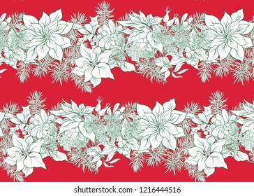 Seamless pattern, background with Fir Branches and flowers and berries, Christmas decoration.  Outline hand drawing vector illustration. in red, green and white colors