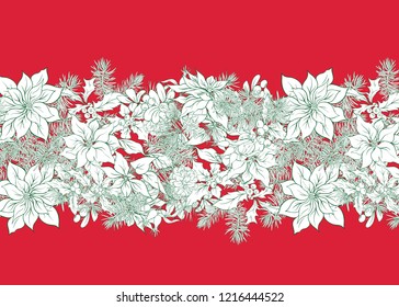 Seamless pattern, background with Fir Branches and flowers and berries, Christmas decoration.  Outline hand drawing vector illustration. in red, green and white colors