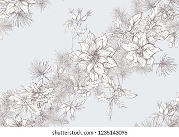 Seamless pattern, background with Fir Branches and flowers and berries, Christmas decoration.  Graphic drawing, engraving style. vector illustration.