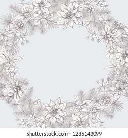 Seamless pattern, background with Fir Branches and flowers and berries, Christmas decoration.  Graphic drawing, engraving style. vector illustration.