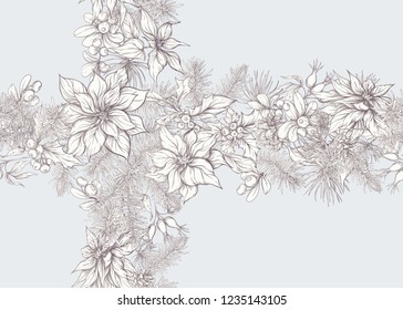 Seamless pattern, background with Fir Branches and flowers and berries, Christmas decoration.  Graphic drawing, engraving style. vector illustration.